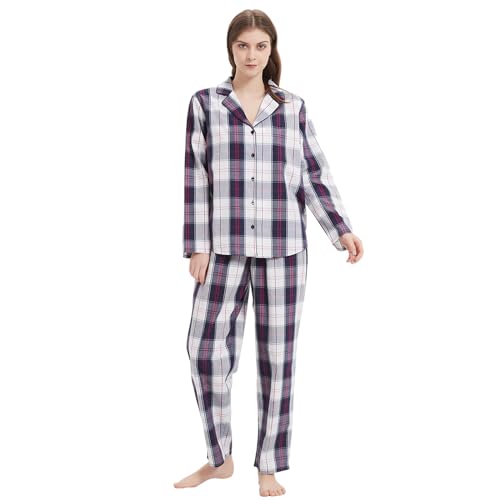 Mnemo Damen Dünner Karierter Schlafanzug 100% Baumwolle Langarm Lange Hose Damen Pyjama Blau-Weißes Karomuster M von Mnemo