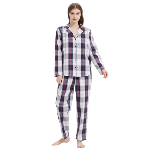 Mnemo Damen Dünner Karierter Schlafanzug 100% Baumwolle Langarm Lange Hose Damen Pyjama Blau-Weißes Karomuster S von Mnemo