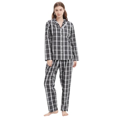 Mnemo Damen Dünner Karierter Schlafanzug 100% Baumwolle Langarm Lange Hose Damen Pyjama Schwarz-Weiß-Graues Karomuster S von Mnemo