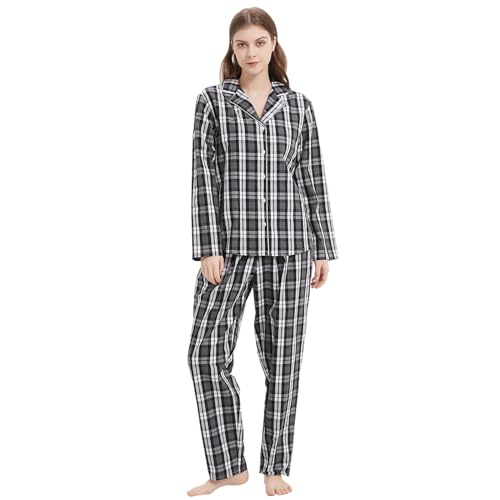 Mnemo Damen Dünner Karierter Schlafanzug 100% Baumwolle Langarm Lange Hose Damen Pyjama Schwarz-Weiß-Graues Karomuster XL von Mnemo