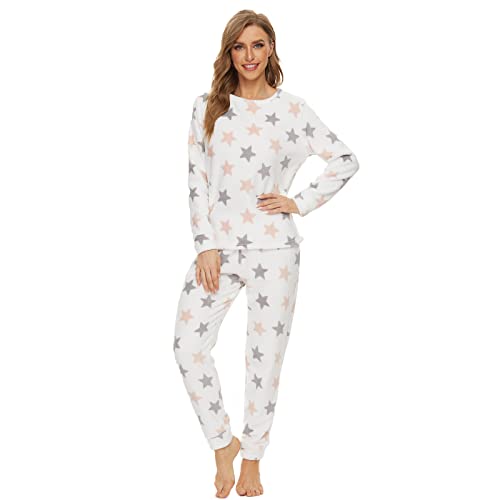 Mnemo Damen Schlafanzüge Flauschig, Nachtwäsche Zweiteiliger, Pyjama Set,Star-Muster,M von Mnemo