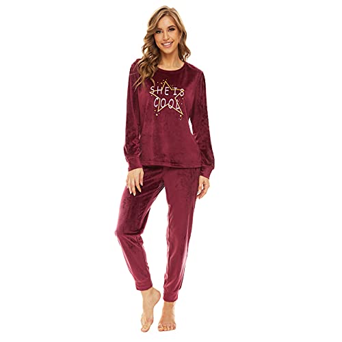 Mnemo Fleece Schlafanzug DamenThermo Fleece Pyjama Damen Rundhals Pyjama Damen Flauschig,Weinrot,M von Mnemo