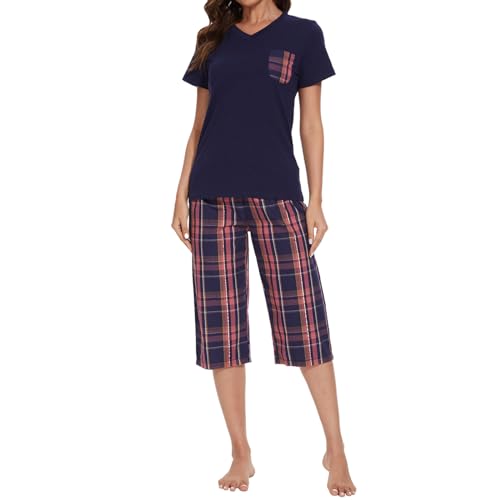 Mnemo Damen Schlafanzug 100% Baumwolle V-Ausschnitt Kurzarm Caprihose mit Karomuster und Kontrasttasche Damen Pyjama Marineblau mit Blau-Pinkem Karomuster M von Mnemo