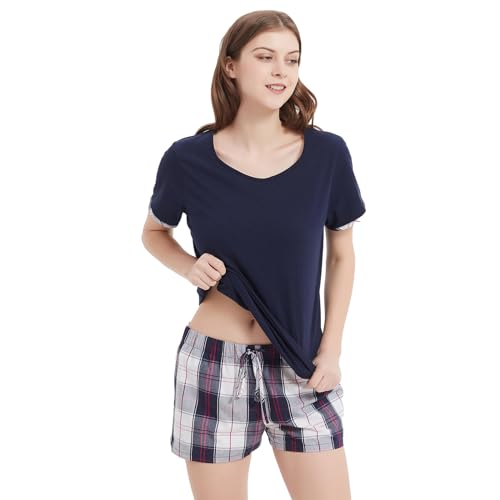 Mnemo Damen Schlafanzug Kurzarm Karomuster Shorts 100% Baumwolle V-Ausschnitt Komfort Atmungsaktiv Damen Pyjama Marineblau mit Blau-Weißem Karomuster M von Mnemo