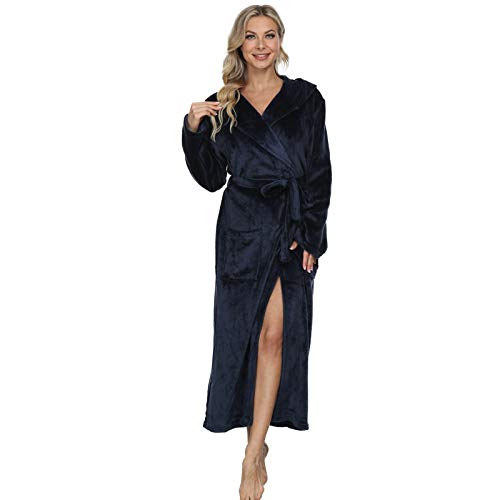 Mnemo Fleece Bademantel für Damen und Herren Langarm Morgenmantel Saunamantel mit Kapuze und Taschen,Blau,L von Mnemo