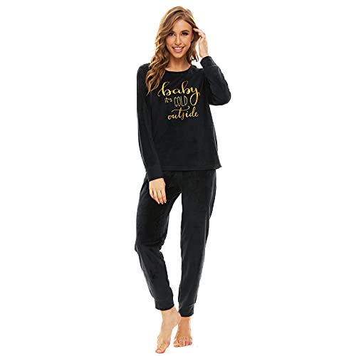 Mnemo Fleece Schlafanzug DamenThermo Fleece Pyjama Damen Rundhals Pyjama Damen Flauschig,Schwarz,S von Mnemo