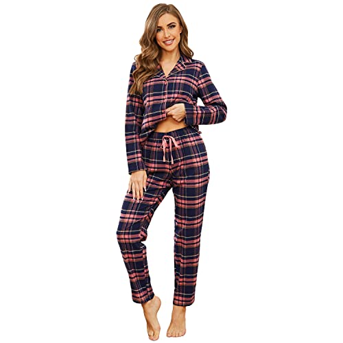 Mnemo Home Damen Schlafanzug Lang Flanell Pyjama Damen 100% Baumwolle aus Flanell (Blaues Pulver mit Golddraht, M) von Mnemo