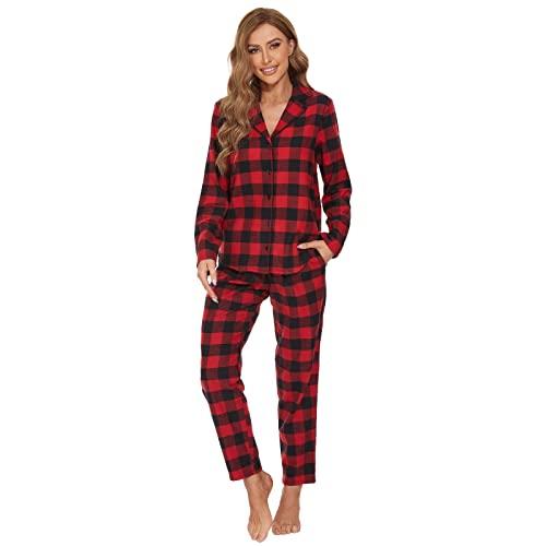 Mnemo Home Damen Schlafanzug Lang Flanell Pyjama Damen 100% Baumwolle aus Flanell (Rotes und Schwarzes Gitter, S) von Mnemo