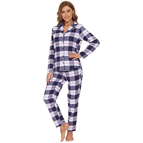 Mnemo Home Damen Schlafanzug Lang Flanell Pyjama Damen 100% Baumwolle aus Flanell Blau & Weiß, 2XL von Mnemo
