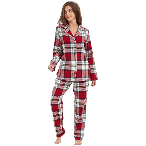 Mnemo Home Damen Schlafanzug Lang Flanell Pyjama Damen 100% Baumwolle aus Flanell Karomuster 2XL von Mnemo