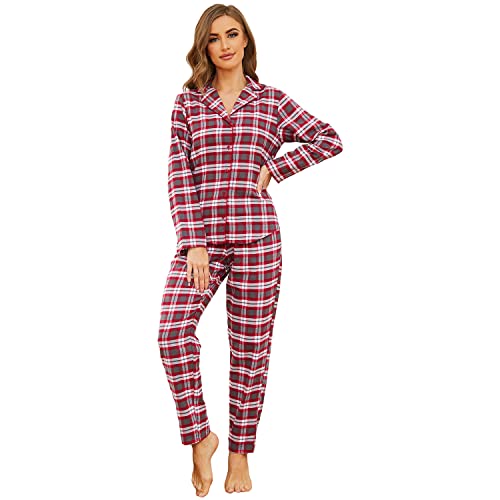 Mnemo Home Damen Schlafanzug Winter Frühling Pyjama Set Dunkelgrau/Rot Schlafoverall 100% Baumwolle aus Flanell,Rot,M von Mnemo