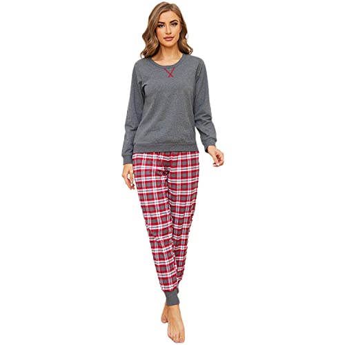 Mnemo Schlafanzug Damen 100% Baumwolle Bequemer Pyjama Damen Baumwolle mit Karomuster (Grau & Rot, S) von Mnemo