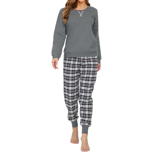 Mnemo Schlafanzug Damen 100% Baumwolle Bequemer Pyjama Damen Baumwolle mit Karomuster (Grau & Schwarz, M) von Mnemo
