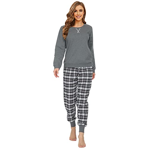 Mnemo Schlafanzug Damen 100% Baumwolle Bequemer Pyjama Damen Baumwolle mit Karomuster (Grau & Schwarz, S) von Mnemo