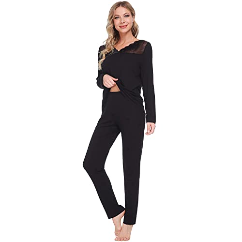 Mnemo Lace Schlafanzug für Damen Sexy Frauen Pyjama Set mit Hohler Spitze 2 Stück Weichem Lang Damen Nachtwäsche mit V-Ausschnitt von Mnemo