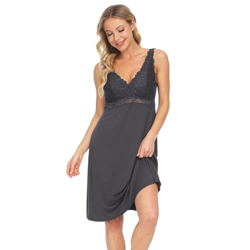 Mnemo Nachthemd Damen Sexy Nachthemd Damen Kurzarm Negligee Damen mit V-Ausschnitt Spitzen Pyjama für Damen(Grau, L) von Mnemo