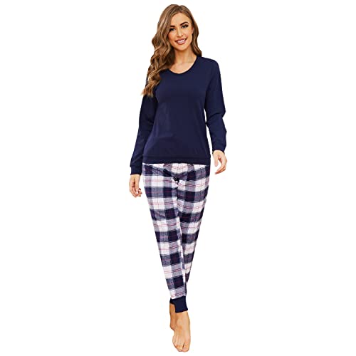 Mnemo Schlafanzug Damen 100% Baumwolle Bequemer Pyjama Damen Baumwolle mit Karomuster (Blau & Weiß, M) von Mnemo