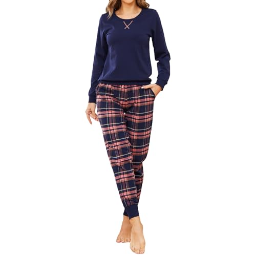 Mnemo Schlafanzug Damen 100% Baumwolle Bequemer Pyjama Damen Baumwolle mit Karomuster (Blaues Pulver mit Golddraht, L) von Mnemo