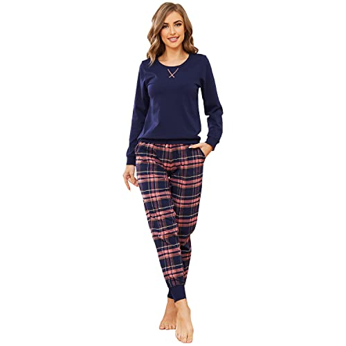 Mnemo Schlafanzug Damen 100% Baumwolle Bequemer Pyjama Damen Baumwolle mit Karomuster (Blaues Pulver mit Golddraht, S) von Mnemo