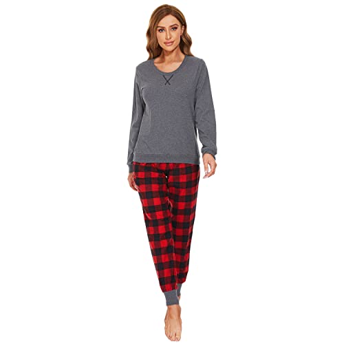 Mnemo Schlafanzug Damen 100% Baumwolle Bequemer Pyjama Damen Baumwolle mit Karomuster (Rotes und Schwarzes Gitter, L) von Mnemo