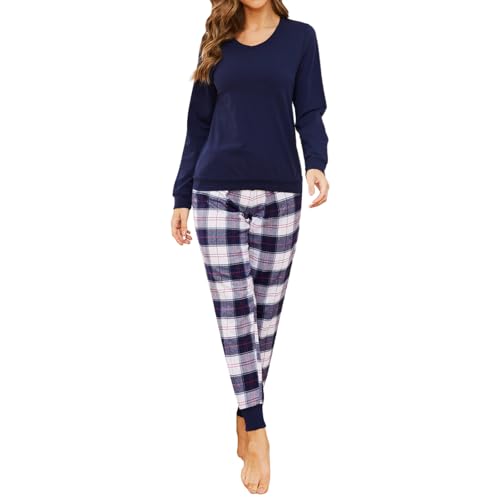 Mnemo Schlafanzug Damen 100% Baumwolle Bequemer Pyjama Damen Baumwolle mit Karomuster Blau & Weiß 2XL von Mnemo