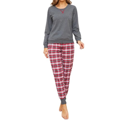 Mnemo Schlafanzug Damen 100% Baumwolle Bequemer Pyjama Damen Baumwolle mit Karomuster Grau & Rot 2XL von Mnemo