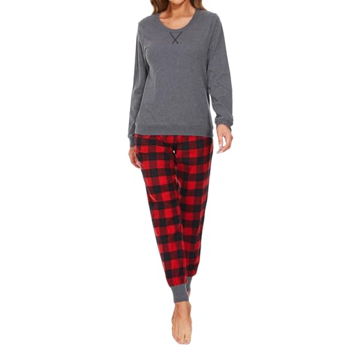 Mnemo Schlafanzug Damen 100% Baumwolle Bequemer Pyjama Damen Baumwolle mit Karomuster Rotes und Schwarzes Gitter 2XL von Mnemo