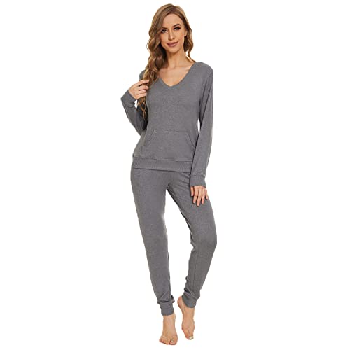 Mnemo Schlafanzug Damen Langarm Pyjama Damen Weich mit V-Ausschnitt Homewear Damen Set Lounge Wear Women Set von Mnemo