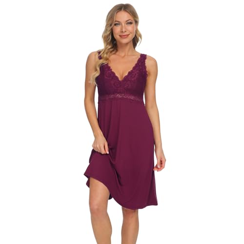 Mnemo Nachthemd Damen Sexy Nachthemd Damen Kurzarm Negligee Damen mit V-Ausschnitt Spitzen Pyjama für Damen (Bordeauxrot,XS) von Mnemo