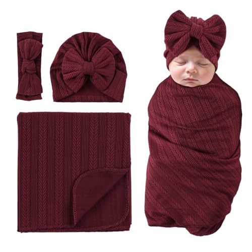 MniJiza Baby Pucktuch Neugeborenes Swaddle Kleinkind Mädchen Hut Stirnband Schlafsack(Weinrot) von MniJiza