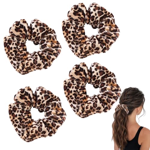 4 Stück Scrunchies Haargummi,Haargummis mit Leopardenmuster,Haar Dickes Scrunchie Haarband Elastisch,Haargummis Samt Leopard Groß,Leoparden Haarschmuck Damen für Lange Feine Lockiges Pferdeschwanz von MniimaLuxe