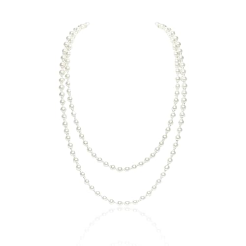 Perlenkette Damen Weiße 150 cm,1920s Gatsby Kostüm Accessoires Lange Perle Halskette,Elegante Künstliche Perlen Kette,Perlen Halskette Modische,Pearl Necklace für Party Abschlussball Hochzeit Festival von MniimaLuxe