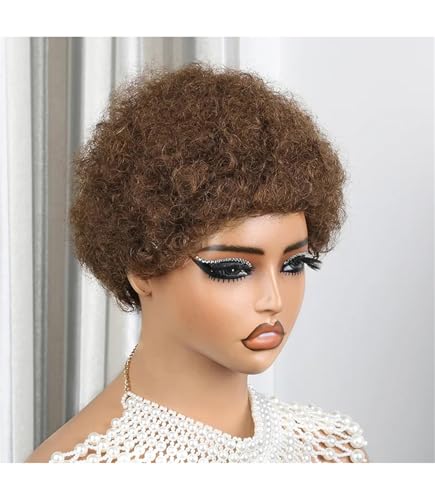 Burgunderrote Kurze Afro Perücken Mit Verworrenen Locken Für Schwarze Frauen Tief Gelockte Echthaarperücken 1 6inches von Mnjyihy
