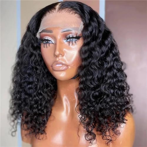 Damen Perücke Bob Lockig Spitze Vorne Echthaar Vorgezupft 13 X 6 HD Transparente Spitze Front Perücke Klebefreie Tiefe Wellenhaar Perücken Mit 13x4 Lace Wig 12INCHES#180% von Mnjyihy