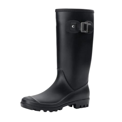 Damen-Regenschuhe, rutschfest, hohe Stiefel, einfarbig, wasserdicht, runder Kopf, Damen-Gummischuhe, Schwarz , 39.5 EU von Mnjyihy