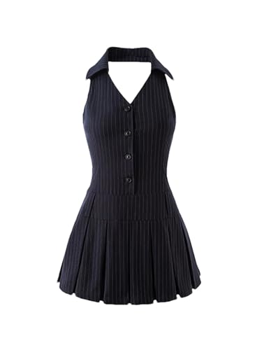 Damen Sommerkleid Mit Gestreiften Hosenträgern Plissiertem Kleid Sexy Rückenfreies A Linien Mini Partykleid Mit Niedriger Taille V Ausschnitt Navy Blue S Damen Sommerkleid Mit Gestreiften Hosenträgern Plissiertem Kleid Sexy Rückenfreies A Linien Mini Partykleid Mit Niedriger Taille V Ausschnitt Navy Blue S von Mnjyihy