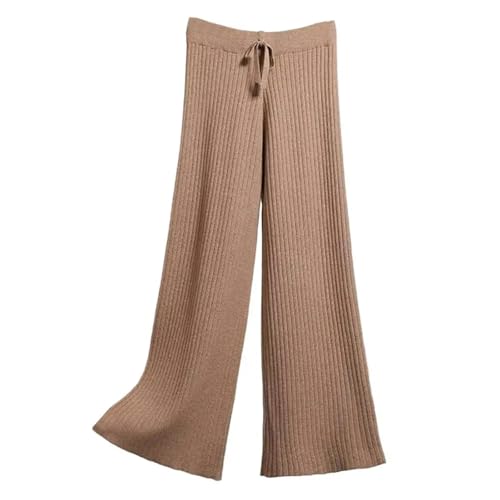 Damen Strickhose Mit Weitem Bein Lässige Hose Mit Kordelzug Elastische Taille Solide Lockere Gerade Hose Khaki One Size von Mnjyihy