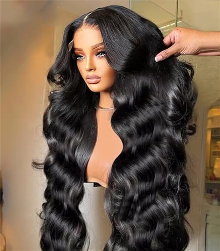 Frauen 13X6 Hd Transparent Lace Frontal Perücke 13X4 Brasilianische Körperwelle Echthaar Perücken Black 38in#210#13x4 von Mnjyihy