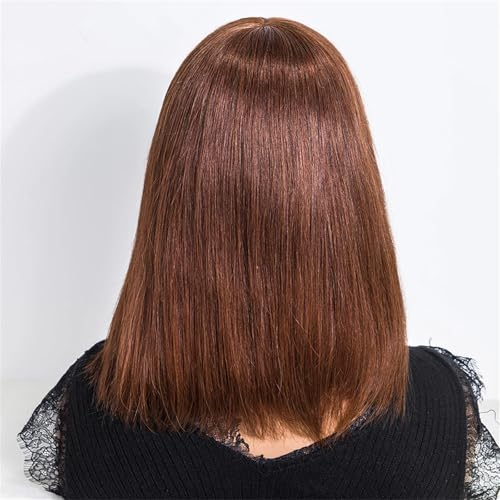 Frauen Kurze Echthaarperücken Braunes Glattes Bob Haar Mit Pony Echte Spitze Im Haar 200 12inches#M433 von Mnjyihy