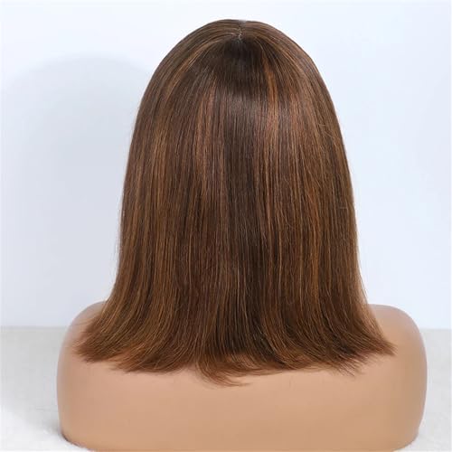 Frauen Kurze Echthaarperücken Braunes Glattes Bob Haar Mit Pony Echte Spitze Im Haar 200 14inches#P430 von Mnjyihy