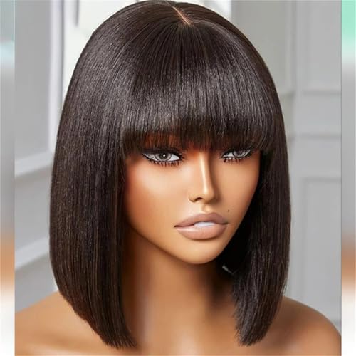 Frauen Kurze Echthaarperücken Braunes Glattes Bob Haar Mit Pony Echte Spitze Im Haar 200 8inches##1B von Mnjyihy