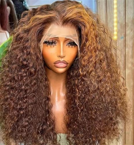 Frauen Lockige Lace Front Perücken Vorgezupft Kleberlose Tiefe Welle Lange Lockige Synthetische Haarperücken 4X4 Closure 34in#180 von Mnjyihy