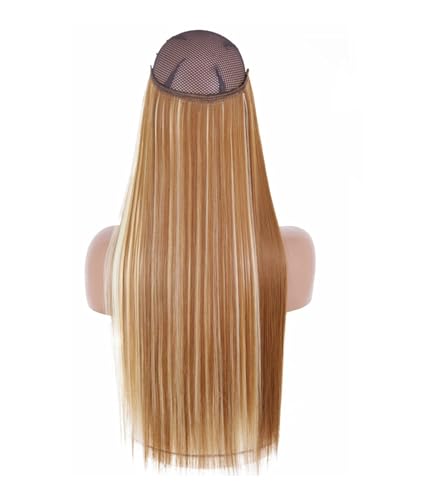 Haarverlängerungen Für Damen Synthetisch Ohne Clip Unsichtbarer Draht Lang Natürlich Gewellt Blond Braun Gemischte Farben Einteiliges Falsches Haarteil SQ66 6H613 32inches (80cm) von Mnjyihy