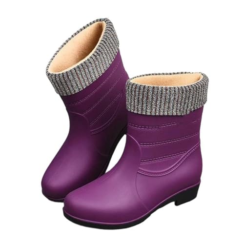 Mnjyihy Damen Gummistiefel Komfort Slip-On Wasserdicht Garten Wasserschuhe Gummi Regen Stiefel Botas, Lila Baumwolle, 39 EU von Mnjyihy