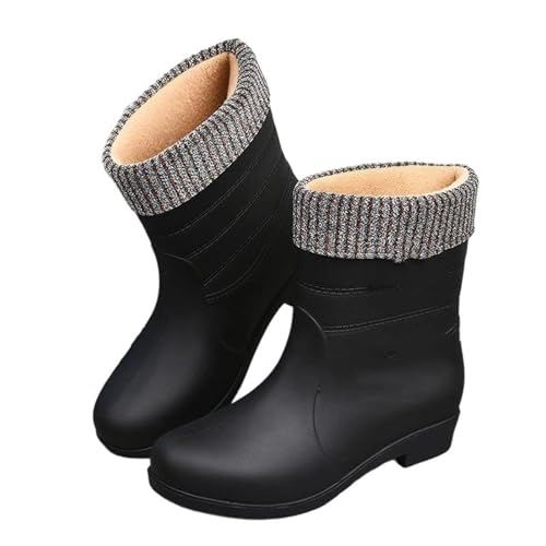 Mnjyihy Damen Gummistiefel Komfort Slip-On Wasserdicht Garten Wasserschuhe Gummi Regen Stiefel Botas, Schwarze Baumwolle, 40.5 EU von Mnjyihy