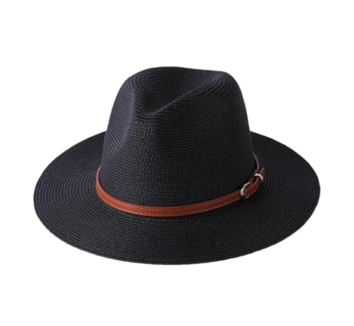 Mnjyihy Damen Herren Weicher Panama Förmiger Strohhut Sommer Breite Krempe Strand Sonnenkappe Unisex Fedora Hut Black02 56 58cm von Mnjyihy
