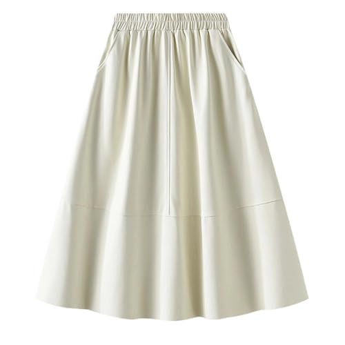 Mnjyihy Damen Kunstleder Flare Rock Elastische Hohe Taille Geraffte A-Linie Faltenrock mit Tasche, weiß, Einheitsgröße von Mnjyihy