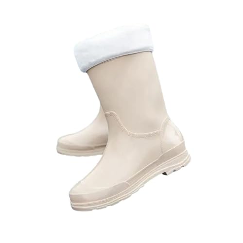 Mnjyihy Damen-Regenstiefel, niedriger Absatz, hohe Oberseite, dick, wasserdicht, abnehmbarer Baumwollbezug, Küchen-Arbeitsschuhe, Aprikosen-Baumwolle, 39 EU von Mnjyihy