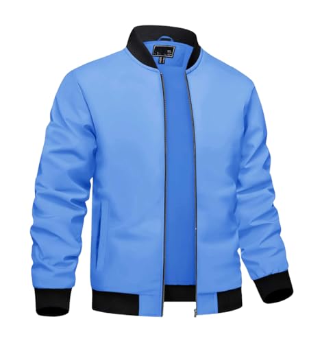 Mnjyihy Leichte Herren Bomberjacken Für Den Frühling Stehkragen Outdoor Durchgehender Reißverschluss Und Taschen Windjacken Light Blue 3XL von Mnjyihy