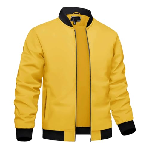 Mnjyihy Leichte Herren Bomberjacken Für Den Frühling Stehkragen Outdoor Durchgehender Reißverschluss Und Taschen Windjacken Yellow1 3XL von Mnjyihy